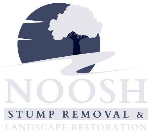 Logo for Noosh Stump Removal & Forestry Services, featuring a tree and path graphic above the company name in bold and uppercase lettering. Perfect for those seeking stump grinding near me or professional stump removal services.