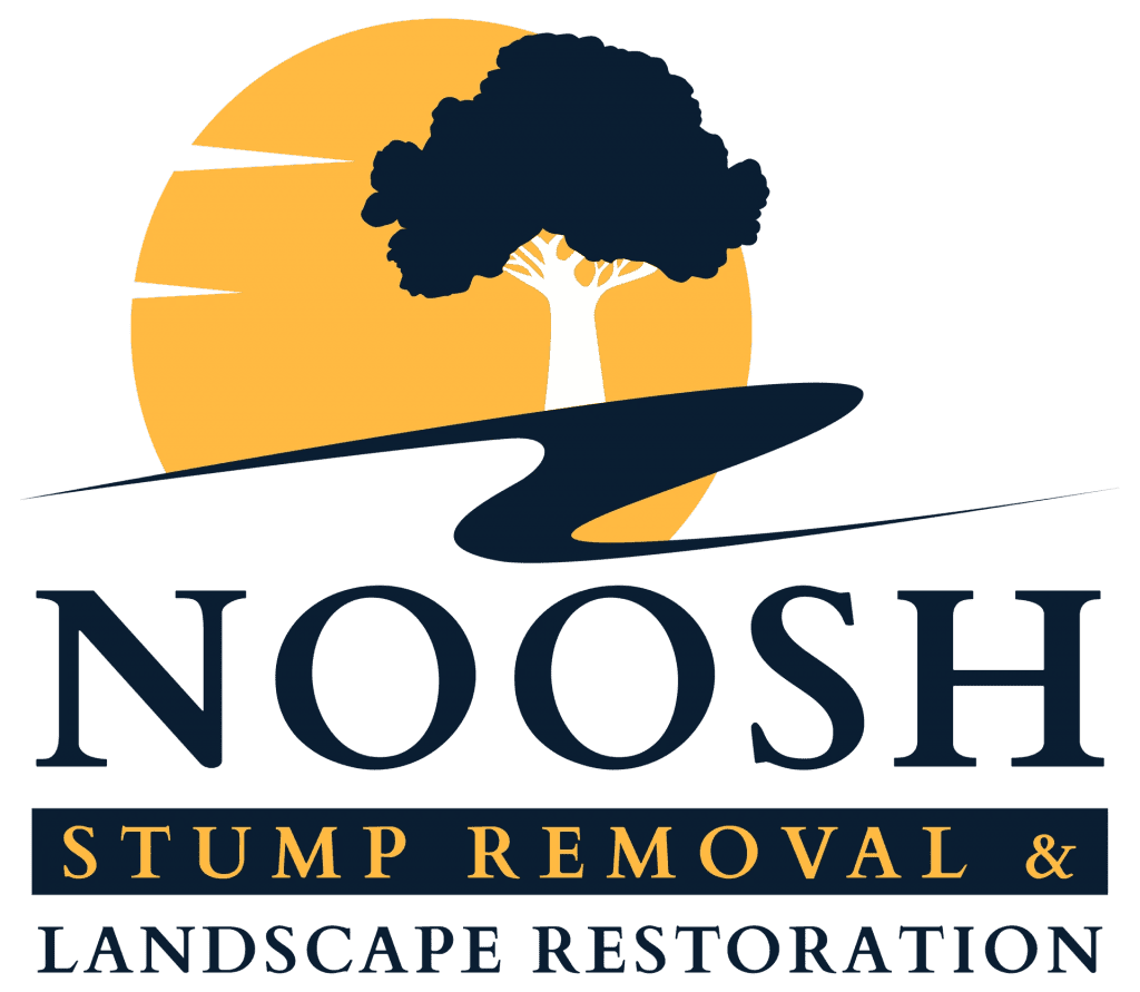 Logo for NOOSH Stump Removal & Landscape Restoration featuring a tree silhouette with a yellow sun background and text underneath, perfect for showcasing services like emergency stump removal and stump grinding.