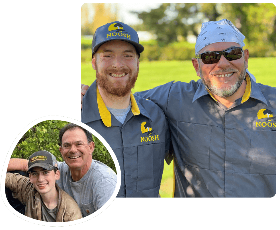 Two men in grey uniforms with a "NOOSH" logo smile outdoors. Inset photo: Two other smiling people, an older man in grey and a younger one in a cap. Their professional team provides top-notch stump grinding services in Salem to keep your landscape pristine.
